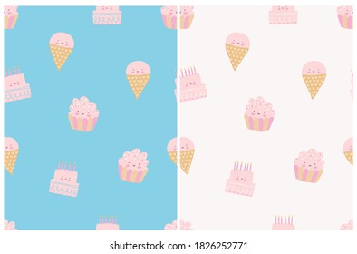Pequeños Patrones De Vectores Sinuosos Y Sonrientes. Pasteles de cumpleaños, helados y pasteles de Kawaii, de estilo kawaii, aislados en un fondo blanco y azul. Agradable Nursery Art Ideal para Tejidos, Papel envuelto.