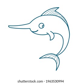 Cute smiling swordfish. Hand drawn vector illustration. Cartoon character in linear style.