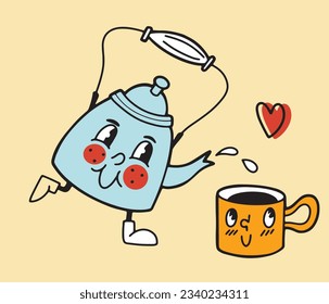 Cute smiling tea pot pouring tea or coffee in a little mug, hand drawn in retro cartoon design, isolated vector illustration in outlined style