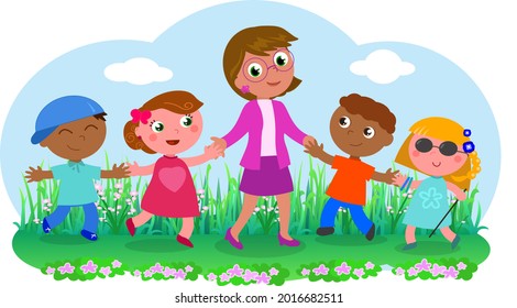 Cute smiling teacher with different kinds of children: African, Caucasian and even a blind girl with a cane. Cartoon vector illustration.