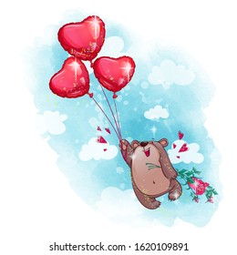 A cute smiling teddy bear flies on fosdochny balls hearts and holds a bouquet of roses. Watercolor textural background of the summer sky with clouds. Cartoon character. Greeting card.