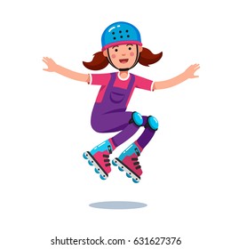 Cute smiling teen girl in jumpsuit wearing helmet and kneepads jumping and rolling on roller blades. Flat style character vector illustration isolated on white background.