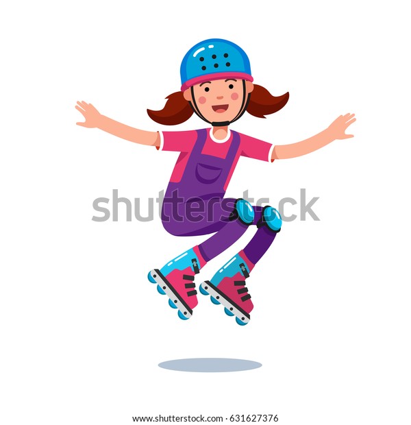 Muchacha adolescente sonriente con traje de salto con casco y rodillas saltando y rodando con hojas de rodillo. Ilustración vectorial de estilo plano aislada en fondo blanco.