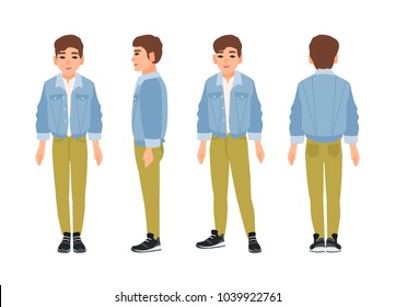 Cute smiling teenage boy, teen or teenager dressed in green jeans and denim jacket. Flat cartoon character isolated on white background. Front, side and back views. Colorful vector illustration.