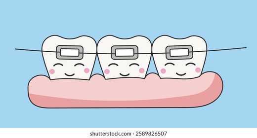Cute smiling teeth braces characters. Dental care and treatment kids concept illustrations. Dental clinic mascot. Cartoon vector illustration