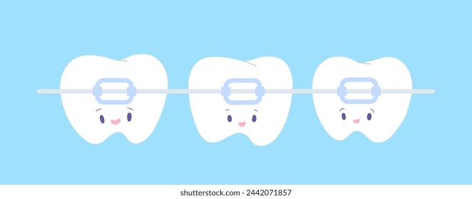 Cute smiling teeth with braces isolated on light blue background. Concept of dental clinic, dentistry, wearing braces, teeth straightening. Flat vector illustration cartoon character.