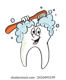 Cute smiling teeth character brushing itself with a toothbrush. Funny cartoon colorful character vector illustration.