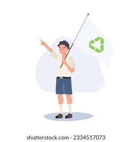 Cute Smiling Thai student Boy Holding Flag with recycle symbol, Ecology Protection Concept Cartoon Vector Illustration