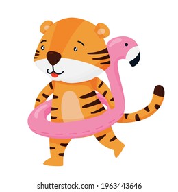 Cute smiling tiger character with an inflatable ring. Symbol of 2022. Vector illustration for postcards, banners and more.