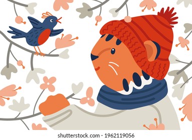 Cute smiling tiger dressed red wool cap, scarf and coat look at little bird. Lovely spring vector illustration in cartoon style.