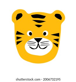 Cute smiling tiger head with open eyes,handdrawn symbol of new year 2022 in cartoon style,print for kids textile,room interior decoration,poster,zoo emblem,sticker,logo,tattoo,baby fashion design.