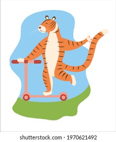 Cute smiling tiger rides a scooter. Summer vector illustration. 2022 new year of the tiger.