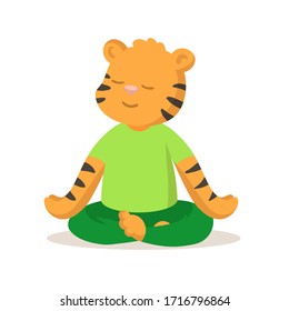 Cute smiling tiger sitting in lotus position, cartoon character. Colorful flat vector illustration, isolated on white background.