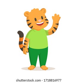 Cute smiling tiger standing waving hand, cartoon character. Colorful flat vector illustration, isolated on white background.