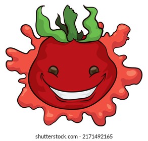 Personaje de tomate lindo y sonriente con gran sonrisa sobre ketchup salpicado en estilo de caricatura.