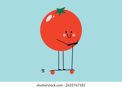Cute Smiling Tomato Riding a Scooter – Funny Red Tomato Character with Happy Face and Cheeks on Blue Background, Perfect for Kids Prints, Healthy Food Cartoons, Summer Designs and Playful Illustration