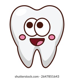 Cute smiling tooth character with big eyes cartoon isolated on white background.