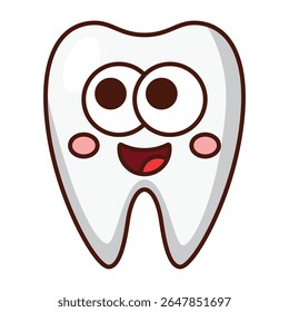 Cute smiling tooth character with big eyes cartoon isolated on white background.
