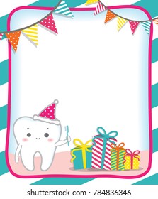Cute smiling Tooth is holding toothbrush and wearing party hat standing beside colorful presents celebrate new year 2018. Vector iilustration.