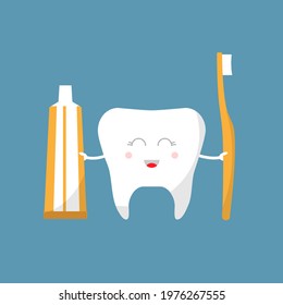 Cute smiling tooth with toothpaste and tooth brush. Stomatology assistance, whitening and oral hygiene.