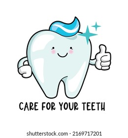Cute smiling tooth vector illustration. Holding thumbs up with toothpaste hairstyle. Isolated logo for dental hygiene. Message: Care for your teeth