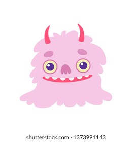 Cute Smiling Toothy Monster with Horns, Pink Fluffy Friendly Alien Cartoon Character Vector Illustration