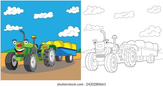 Cute smiling Tractor coloring page for kids 