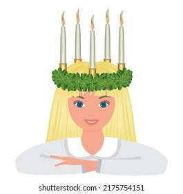 Cute smiling traditional Lucia girl. The child is isolated on white background. Vector illustration.