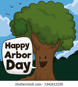 Cute smiling tree in a forest view, with flying bird wishing at you a happy Arbor Day.