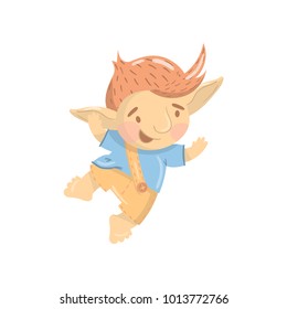 Cute smiling troll boy character, funny creature having fun and jumping cartoon vector Illustration