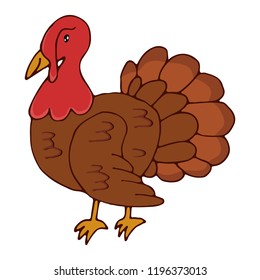 Cute smiling turkey. Traditional Thanksgiving Day symbol. Isolated vector illustration on white background.