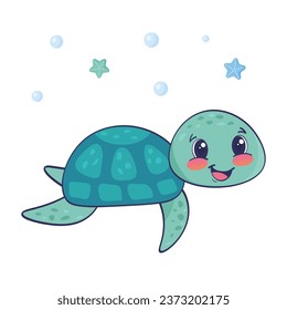 Cute smiling turtle with doodle elements on white background. Childish character. Colored flat cartoon vector illustration
