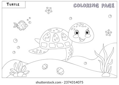 Cute smiling turtle, with drawn elements in black and white