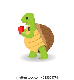 Cute smiling turtle holding a heart, cartoon turtle character