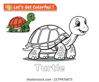 A cute smiling turtle illustration in black and white, thick outline, perfect for kids to color. Includes a colored example and the word "Turtle" outlined font to make learning fun and interactive