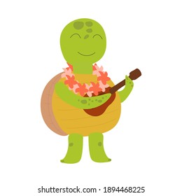 Cute smiling turtle playing the ukulele. Hawaiian character. Childrens illustration on white background. Design for card, print, book, kids story, childish decor. 