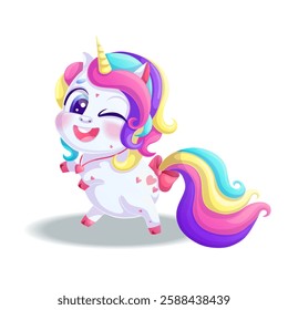 A cute smiling unicorn is dancing and winking. A charming animal with a bright mane and golden horn on a white background. Isolated vector illustration for design, prints and patterns.