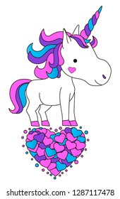 Cute smiling unicorn with hearts. St Valentine day greeting card. Kawaii creature. Vector illustration