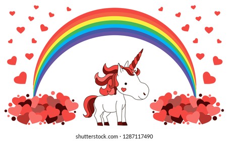 Cute smiling unicorn with hearts. St Valentine day greeting card. Kawaii creature. Vector illustration