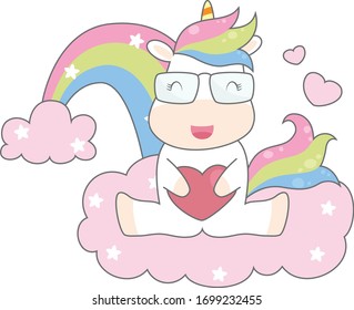 cute smiling unicorn holding heart