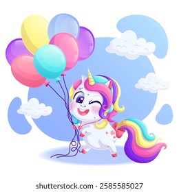 A cute smiling unicorn holds balloons. A charming animal with a bright mane and a golden horn on a blue background. Vector illustration for design, prints and patterns.