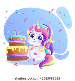 A cute smiling unicorn next to a cake with candles. A charming animal with a bright mane and a golden horn on a blue background. Vector illustration for design, prints and patterns.