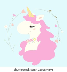 Cute smiling unicorn with pink hair, magical unique creature portrait, cartoon pony head vector image