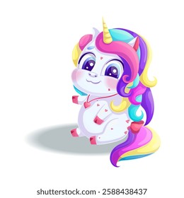 A cute smiling unicorn sits half-turned around. A charming animal with a bright mane and golden horn on a white background. Isolated vector illustration for design, prints and patterns.