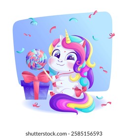 A cute smiling unicorn sits next to a gift box and holds a lollipop. A charming animal with a bright mane and a golden horn on a blue background. Vector illustration for design, prints and patterns.