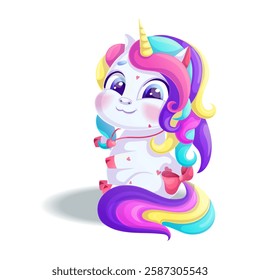 A cute smiling unicorn is sitting sideways. A charming animal with a bright mane and golden horn on a white background. Isolated vector illustration for design, prints and patterns.