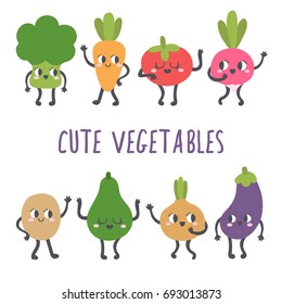 Cute smiling vegetables. Broccoli, carrot, tomato, radish, potato, avocado, onion, eggplant. Cartoon characters