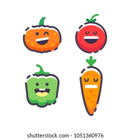 Cute smiling vegetables. Set of Emoji tomato, pepper, carrot, and pumpkin. Isolated flat vector illustration on white background