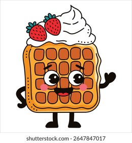 Cute smiling Viennese waffle with whipped cream and strawberries vector. Playful dessert illustration for fast food and sweet treat concepts.