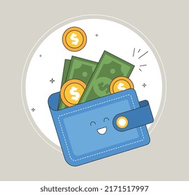 Cute smiling wallet. Dollar bills and coins, salary, profit or income increase. Wealth, financial stability or transactions. Funny character overflowing with money. Cartoon flat vector illustration